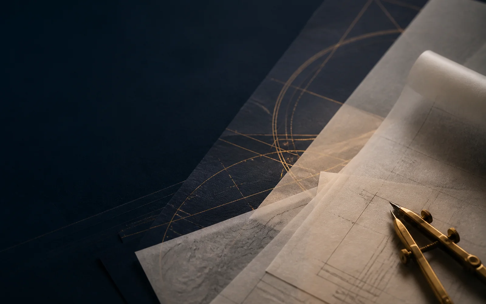 Layered drafting vellum, navy surfaces, and antique-gold compass geometry suggesting strategic direction.