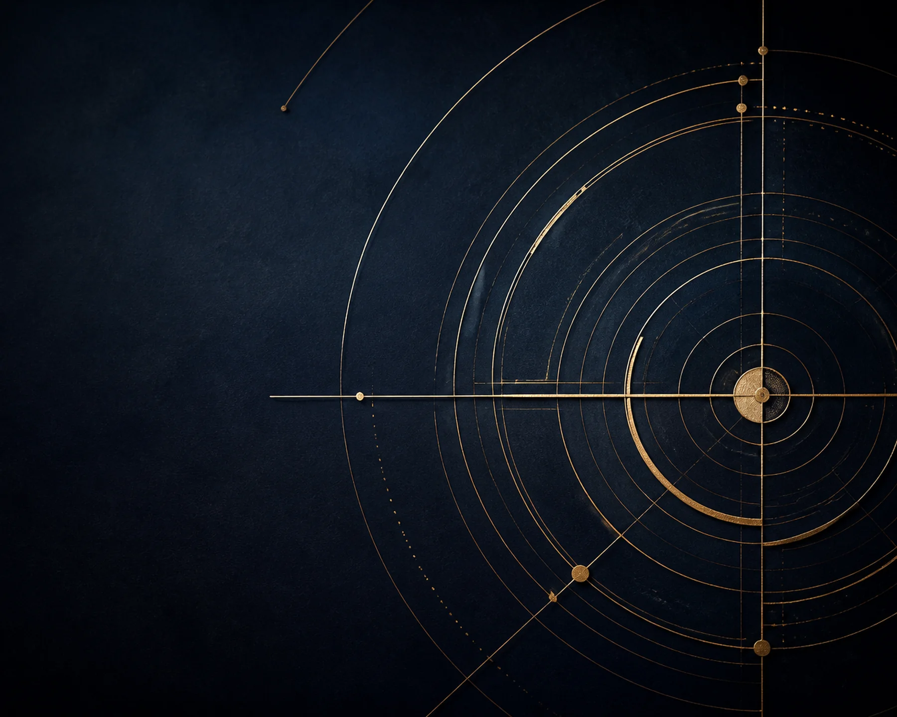 Abstract architectural study of fine brass linework and concentric geometry on a midnight navy field.